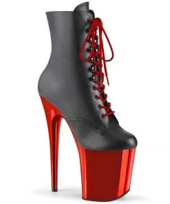 Pleaser Direct Flamingo 1020 Black Matte & Red Chrome Ankle Boots