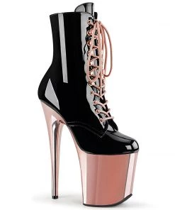Pleaser Direct Flamingo 1020 Black Patent & Rose Gold Chrome Ankle Boot Larger Size Shoes