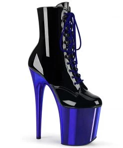 Pleaser Direct Flamingo 1020 Black Patent & Royal Blue Chrome Ankle Boots