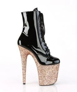 Pleaser Direct Flamingo 1020LG Black Patent And Rose Gold Glitter Boots Larger Size Shoes