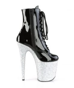 Pleaser Direct Larger Size Shoes Flamingo 1020LG Black Patent And Silver Glitter Boots