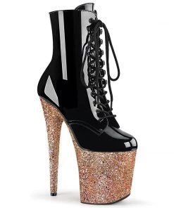 Pleaser Direct Flamingo 1020LG Black Patent And Rose Gold Glitter Boots Larger Size Shoes