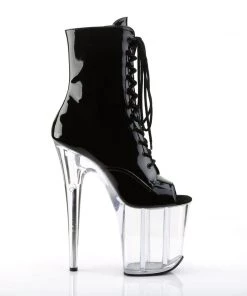 Pleaser Direct Flamingo 1021 Black Patent & Clear Peep Toe Boots Larger Size Shoes