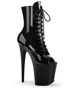 Pleaser Direct Larger Size Shoes Flamingo 1021 Black Patent Peep Toe Ankle Boots