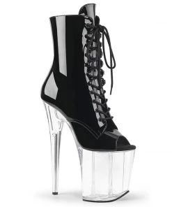 Pleaser Direct Flamingo 1021 Black Patent & Clear Peep Toe Boots Larger Size Shoes