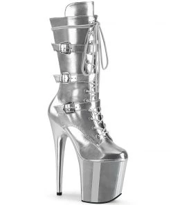 Pleaser Direct Flamingo 1053 Triple Buckle Silver Mid Calf Boots Larger Size Shoes