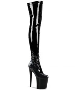 Pleaser Direct Flamingo 3000 Black Patent Thigh High Platform Boots