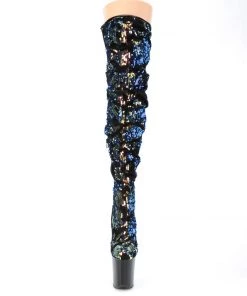 Pleaser Direct Flamingo 3004 Black And Blue Sequin Thigh Boots