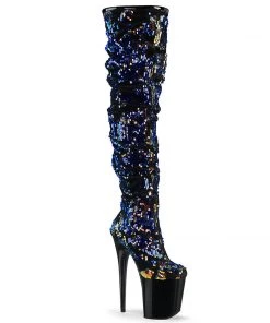 Pleaser Direct Flamingo 3004 Black And Blue Sequin Thigh Boots
