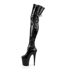 Pleaser Direct Platform Shoes Flamingo 3050 Black Patent Lace Up Thigh High Boots