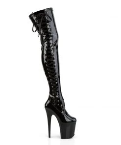 Pleaser Direct Platform Shoes Flamingo 3050 Black Patent Lace Up Thigh High Boots