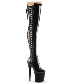 Pleaser Direct Platform Shoes Flamingo 3050 Black Patent Lace Up Thigh High Boots