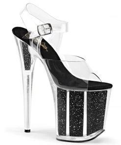 Pleaser Direct Larger Size Shoes Flamingo 808G Black Glitter Peep Toe Platforms