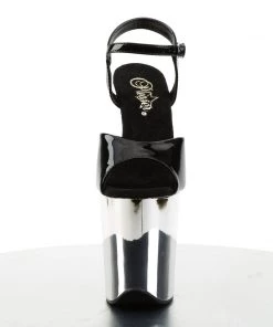 Pleaser Direct Flamingo 809 Black Patent & Silver Chrome Platforms