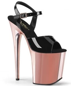Pleaser Direct Flamingo 809 Black Patent & Rose Gold Chrome Platforms