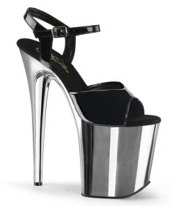 Pleaser Direct Flamingo 809 Black Patent & Silver Chrome Platforms
