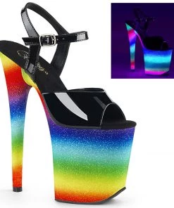 Pleaser Direct Glitter Shoes Flamingo 809WR Black Patent & Rainbow Glitter Platforms