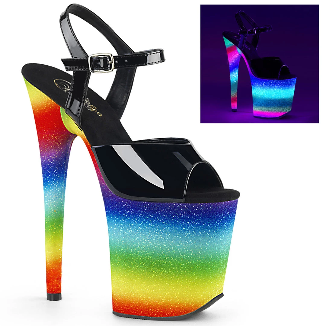 Pleaser Direct Glitter Shoes Flamingo 809WR Black Patent & Rainbow Glitter Platforms 1 Pleaser Direct Glitter Shoes Flamingo 809WR Black Patent & Rainbow Glitter Platforms