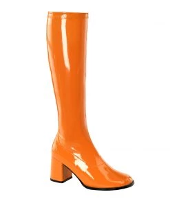 Pleaser Direct Gogo 300 Orange Patent Knee High Boots
