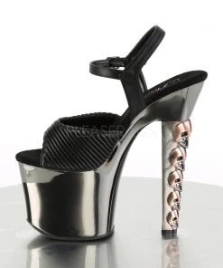 Pleaser Direct Hex 709 Black Faux Leather & Pewter Chrome With Skull Detail Heels