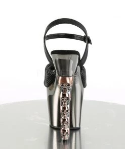 Pleaser Direct Hex 709 Black Faux Leather & Pewter Chrome With Skull Detail Heels