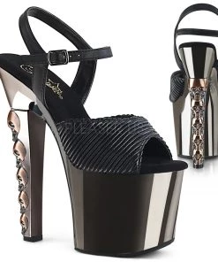 Pleaser Direct Hex 709 Black Faux Leather & Pewter Chrome With Skull Detail Heels