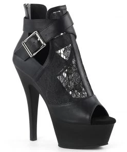 Pleaser Direct Platform Shoes Kiss 257 Black Faux Leather & Lace Vegan Platform Heels