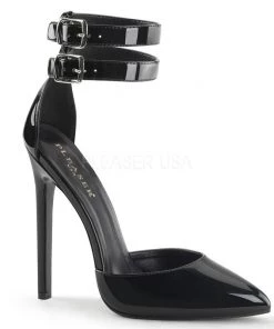 Pleaser Direct Larger Size Shoes Sexy 36 Black Patent Pointed Stiletto With Ankle Strap