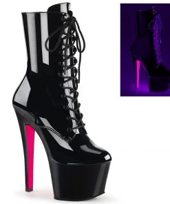 Pleaser Direct Sky 1020TT Black Patent & Neon Pink Ankle Boots