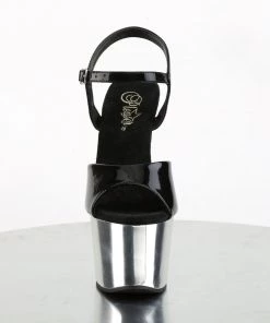Pleaser Direct Larger Size Shoes Sky 309 Black Patent And Silver Chrome Platforms