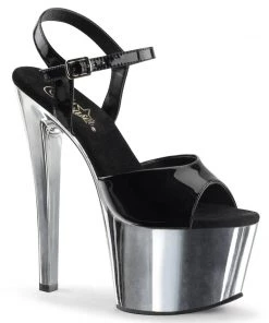Pleaser Direct Larger Size Shoes Sky 309 Black Patent And Silver Chrome Platforms