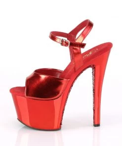 Pleaser Direct Glitter Shoes Sky 309TTG Red Chrome Platforms